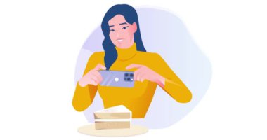 Sosyal medya kullanıcısı. Akıllı telefondan yemek fotoğrafı çeken mutlu bir kızla afiş taşımak. Kadın blogcu sosyal ağlar için içerik oluşturur ya da hafıza için fotoğraf çeker. Çizgi film düz animasyon grafikleri