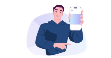 Sosyal medya kullanıcısı. Akıllı telefon ekranını işaret eden bir adamla hareketli afiş. Karakter sosyal ağlarda paylaşımı gösterir. Dijital Pazarlama. Çizgi film düz animasyon grafikleri