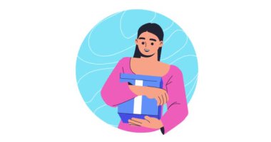 İnternetten alışveriş ve E-ticaret. Elinde indirim kuponları ya da mevsimlik alışveriş kuponları olan bir kızın olduğu afişi taşımak. Özel teklif ve sadakat programı. Çizgi film düz animasyon grafikleri