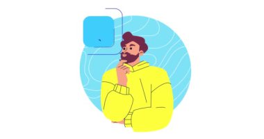 İnternetten alışveriş ve E-ticaret. Ürünü seçen ve online mağazaya sipariş veren düşünceli bir adamın afişini taşımak. Satışlar sırasında alışveriş yapmak. Çizgi film düz animasyon grafikleri