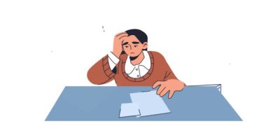 İş akışı organizasyonu. Bir sürü evrak ve işten yorulmuş meşgul kadın ofis çalışanı ile afiş taşımak. Bir yığın belgesi olan üzgün, bitkin bir çalışan. Çizgi film düz animasyon grafikleri