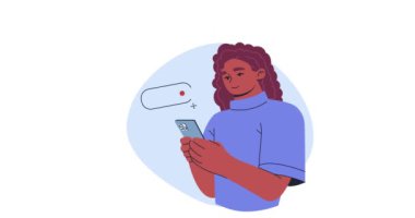 İş akışı organizasyonu. Ofis çalışanı bayrak taşıyarak iş aramaları ve mesajlar için akıllı telefondan ihbarnameleri açıyorsun. Zaman Yönetimi ve Üretim. Çizgi film düz animasyon grafikleri