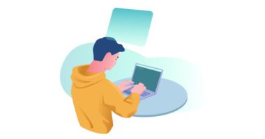 Yazılım geliştirme. Erkek programcı masasında oturup web sitesi ya da dijital ürün yaratırken afiş taşımak. Kodlama ve mühendislik. Bilgi Teknolojisi. Çizgi film düz animasyon grafikleri