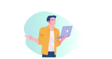 Yazılım geliştirme. Erkek programcıyla afiş taşımak dijital program yaratmak, kodu test etmek ve web sitesini optimize etmek. Mühendislik, Bilişim ve Kodlama. Çizgi film düz animasyon grafikleri