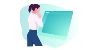 Yazılım geliştirme. Web sitesi ya da dijital programın kullanıcı arayüzünü geliştiren kadın mühendis pankartı taşınıyor. Bilgi teknolojisi ve programlama. Çizgi film düz animasyon grafikleri