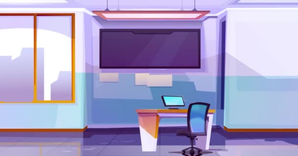 Computer class. Moving banner with interior of modern office or school classroom with computers, desktops with monitors and chalkboard. Space for coworking or studying. Cartoon flat animated graphics
