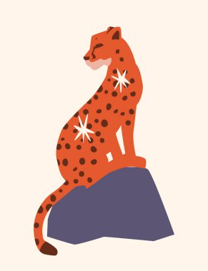 Canlı turuncu ceketli ve kayanın üzerinde siyah lekeli stilize bir leopar. Bej arka planda minimalist tasarım. Vahşi yaşam ve doğa kavramı. Vektör illüstrasyonu