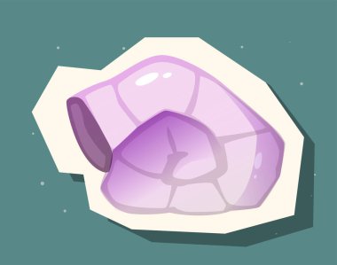 Pürüzsüz, parlak bir bitişe sahip mor kristal, soyut şekiller ve ince yıldızlarla yeşil bir arka planda resmedilmiş. Mineral, doğa ve dekorasyon kavramı. Vektör illüstrasyonu