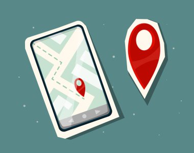 Katı bir deniz mavisi zeminine yerleştirilmiş kırmızı lokasyon sembollü bir navigasyon haritası gösteren akıllı telefon. Konum, seyahat ve yön bulma kavramı. Vektör illüstrasyonu