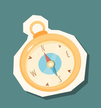 Altın çerçeveli klasik bir pusula ve deniz mavisi arkaplanında gösterilen yön işaretleri. Navigasyon, seyahat ve keşif kavramı. Vektör illüstrasyonu