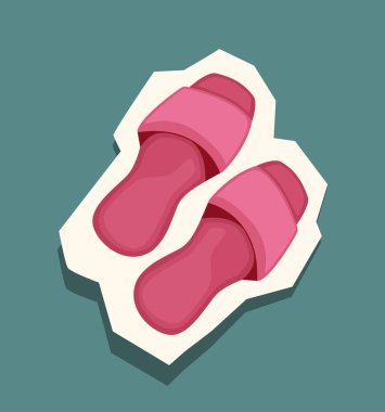 Bej bir yama üzerine yerleştirilmiş pembe terlikler, yeşil arkaplan üzerine kurulmuş. Minimalist tarz, rahat ayakkabı konsepti. Vektör illüstrasyonu