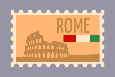 Roma 'daki Colosseum' u gösteren posta pulu tasarımı, İtalyan bayrağı renkleri, gri arka planda minimum vektör biçimi. Seyahat ve miras kavramı. Vektör illüstrasyonu.