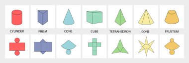 Visual representation of 3D geometric shapes and their corresponding nets. Minimalist design on a white background. Concept of geometry and math. Vector illustration clipart