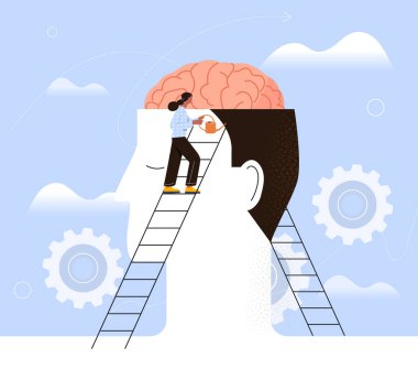 Açık bir kafanın içinde beyni sulandıran bir kadın, açık mavi bir zemin üzerinde bulutlar ve viteslerle bir merdivenin üzerinde duruyor. Akıl sağlığı konsepti. Vektör illüstrasyonu