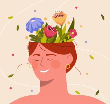 Açık kafasından çiçekler çıkan gülümseyen kadın yaratıcılığı ve olumlu düşünceleri sembolize ediyor. Bej arka planda minimalist düz stil. Vektör illüstrasyonu
