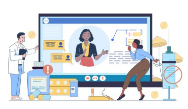 Bir doktor, danışmanı olan bir ekran ve beyaz arka planda sağlık unsurları. Dijital sağlık ve online tıbbi danışmanlık kavramı. Vektör illüstrasyonu