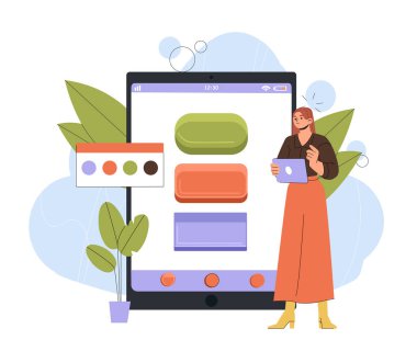 Beyaz arka planda renkli düğmeleri, bitkileri ve tasarım araçları olan geniş mobil bir arayüz tasarımının yanında tablet tutan bir kadın. UI UX tasarımı kavramı. Vektör illüstrasyonu