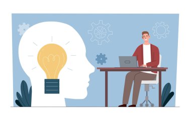 Masada dizüstü bilgisayarda çalışan bir adam, içinde ampul olan bir kafa silueti, arka planda mavi bir arka planda dişliler. Yenilik kavramı. Vektör illüstrasyonu