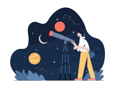 Karanlık bir gece gökyüzü altında, gezegenler, yıldızlar ve takımyıldızları da içeren gök cisimlerini gözlemlemek için teleskop kullanan bir adam. Yaratıcı astronomi konsepti. Vektör illüstrasyonu