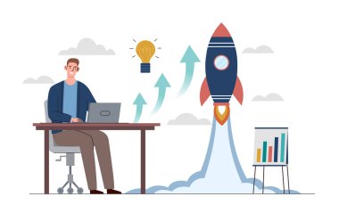 Adam dizüstü bilgisayarla masada oturuyor, ampul fikri sembolize ediyor ve büyüyen oklarla roket fırlatılıyor. İş kurma başarısı kavramı. Vektör illüstrasyonu