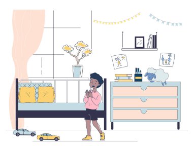 Çocukların yatak odasında oynaşan bir çocuk, yerde oyuncaklar, bir yatak, şifonyer ve duvarda süslemeler. Yumuşak pastel tonlar. Ev dekorasyonu konsepti. Vektör illüstrasyonu