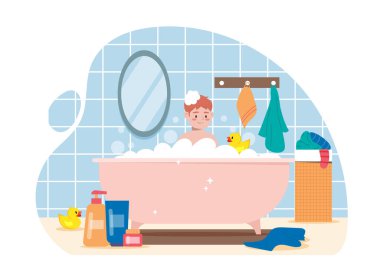Küvette içi kabarcıklarla dolu bir çocuk, banyo malzemeleri, havlular ve sıcak bir banyoda plastik ördek ile çevrili. Vektör illüstrasyonu