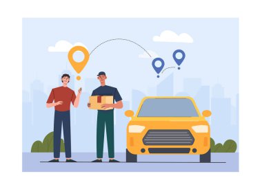 İki adam etkileşimde, biri bir paket tutuyor, arkasında bir araba ve konum işaretleri var. Düz stil, kentsel ortam. Teslimat hizmeti kavramı. Vektör illüstrasyonu