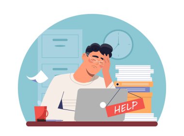 Masasında hayal kırıklığına uğramış bir adam, dizüstü bilgisayarı, bir yığın evrak işi, ve modern illüstrasyon tarzında, mavi arka planda bir yardım işareti. İş stresi kavramı. Vektör illüstrasyonu