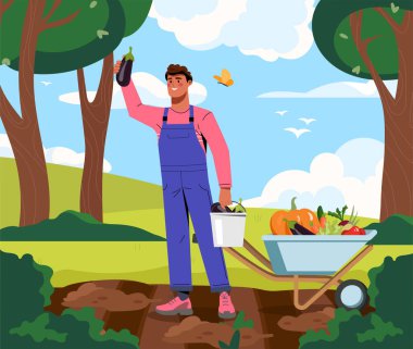 Toplanmış bir patlıcan tutan çiftçi, yemyeşil bir bahçede içi taze sebzelerle dolu bir el arabasının yanında duruyor. Parlak ve renkli vektör çizimi
