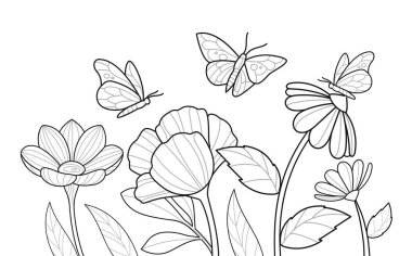 Çiçeklerin ve kelebeklerin dekoratif tarzda siyah-beyaz ana hatları. Basit bir arkaplanda basit elementler. Doğa ve sükunet kavramı. Vektör illüstrasyonu