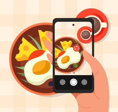 Yanında bir fincan kahve ile birlikte yumurta, peynir ve sebzelerle kahvaltı tabağını yakalayan akıllı bir telefonu tutan bir el. Düz bir arkaplan üzerinde düz bir stil. Vektör illüstrasyonu