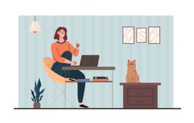 Ev masasında oturan bir kadın dizüstü bilgisayarı üzerinde çalışıyor, yanında kedisi olan bir masa, kapalı bir ortam, yaratıcı ve rahat çalışma alanı konsepti. Vektör illüstrasyonu