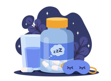 Bir şişe uyku hapı, bir bardak su ve yapraklı ve yıldızlı bir uyku maskesi. Sakinlik ve rahatlama konsepti. Vektör illüstrasyonu