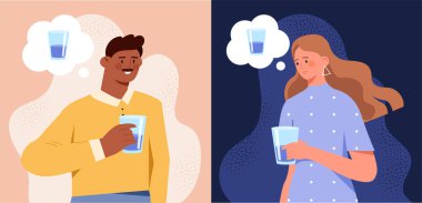 Bir kadın ve erkeğin ellerinde birer bardak su olan ve her birinin su tasvir eden bir düşünce baloncuğu olan bir resim. Çelişkili pastel ve karanlık arka planlar üzerine minimalist bir tarz. Vektör illüstrasyonu