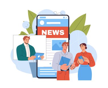 Haberleri sunan büyük bir akıllı telefon ekranının yanında dijital cihazları tartışan ve kullanan insanların yer aldığı haber kavramı. Düz stil, modern arka plan. Vektör illüstrasyonu