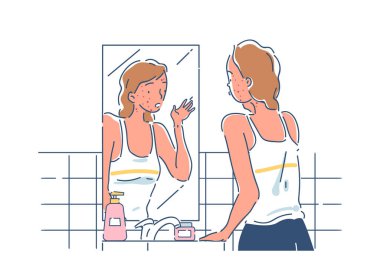 Sivilceli bir kadın banyo aynasında yansımasını inceliyor. Beyaz arka planda yumuşak renkleri olan minimalist çizgi sanatı. Cilt farkındalığı kavramı. Vektör illüstrasyonu