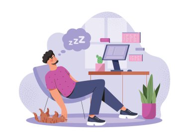 Bir adam rahat bir ofis ortamında, etrafında bitkiler ve şakacı bir kedi olan bir bilgisayarla bir masanın yanındaki sandalyede kestiriyor. Rahatlama ve iş-yaşam dengesi kavramı. Vektör illüstrasyonu