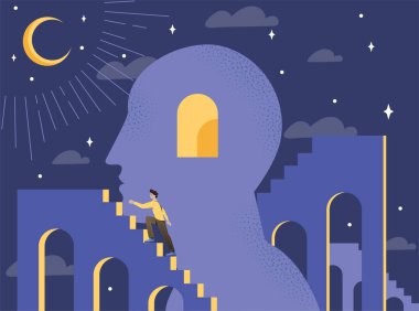 Hilal ay ve yıldızların altında aydınlatılmış bir kapı aralığıyla bir kafa siluetine çıkan bir kişi. Kişisel gelişim kavramı. Vektör illüstrasyonu