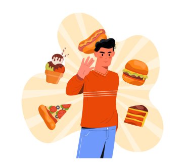 Turuncu kazaklı adam pizza, hamburger ve dondurma gibi abur cuburları reddetmek için elini kaldırıyor. Parlak arka plan ve sarı ışınlar. Sağlıklı yaşam tarzı kavramı. Vektör illüstrasyonu