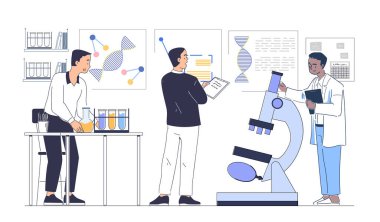 Laboratuvar ortamında, beyaz bir arka planda test tüpleri, mikroskop ve DNA posterleri olan bilim adamları tasviri. Araştırma ve bilim kavramı. Vektör illüstrasyonu