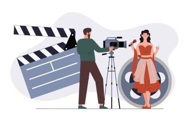 Bir kameraman, elinde mikrofon olan bir kadını bir klip ve film makarasının arka planına karşı çeker. Film yapımının yaratıcı vektör illüstrasyonu