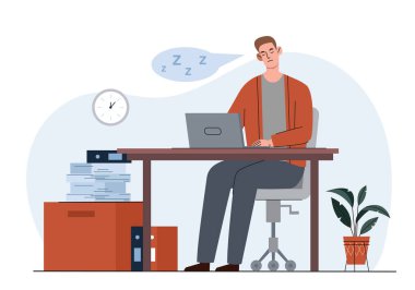Masasında dizüstü bilgisayar, saat ve dosyalarla uyuyan yorgun bir adamın tasviri. Beyaz arka planda minimalist bir tarz. İş yeri yorgunluğu kavramı. Vektör illüstrasyonu