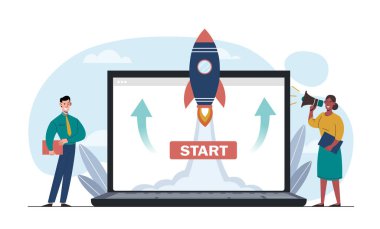 Roket, dizüstü bilgisayarından kalkıyor. Yanında beyaz arka planda iki profesyonel duruyor. Başlangıç ve yenilik kavramı. Vektör illüstrasyonu