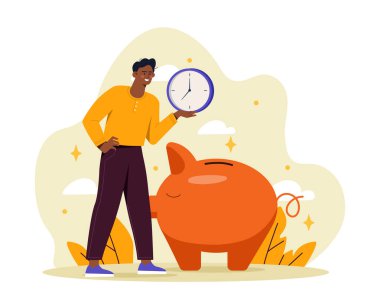 A man holding a clock beside a large orange piggy bank, standing on a light background with leaves and clouds. Concept of time management and savings. Vector illustration clipart