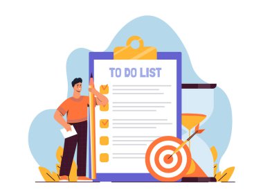 Yapılacaklar listesi, işaretleri ve hedefi olan bir kalemi panonun yanında tutan adam. Beyaz arkaplanda düz stil çizimi. Üretkenlik kavramı. Vektör illüstrasyonu.