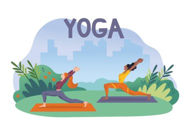 Açık hava parkında yoga yapan iki kadın, yeşillik ve şehir manzarası olan paspaslar üzerinde geriniyorlar. Sağlık ve sağlık konsepti. Vektör illüstrasyonu