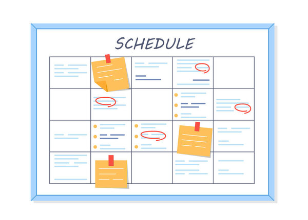 Иллюстрация еженедельного расписания с липкими примечаниями, прикрепленными в разные дни. Минималистский дизайн на белом фоне. Концепция планирования и организации. Векторная иллюстрация.