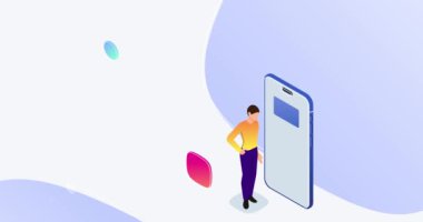 İniş sayfası tasarımı. Büyük akıllı telefonun yanında duran ve büyük verileri, istatistikleri, grafikleri ve grafikleri analiz eden adamla afişleri taşımak. İş planlama ve organizasyon. Isometric 3D canlandırmalı grafikler