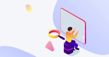 İniş sayfası tasarımı. Erkek girişimci mali araştırma yapar, büyük verileri, istatistikleri, grafikleri ve grafikleri analiz eder. İş planlaması ve strateji geliştirme, Isometric 3D canlandırmalı grafikler