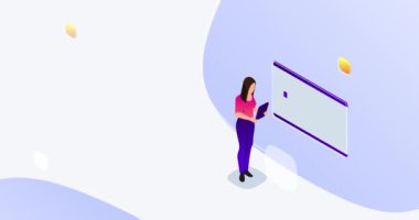 İniş sayfası tasarımı. İş analizinde çalışan bir kadınla afiş taşımak. Karakter, finansal büyüme için büyük verileri, istatistikleri, grafikleri ve grafikleri analiz eder. Isometric 3D canlandırmalı grafikler